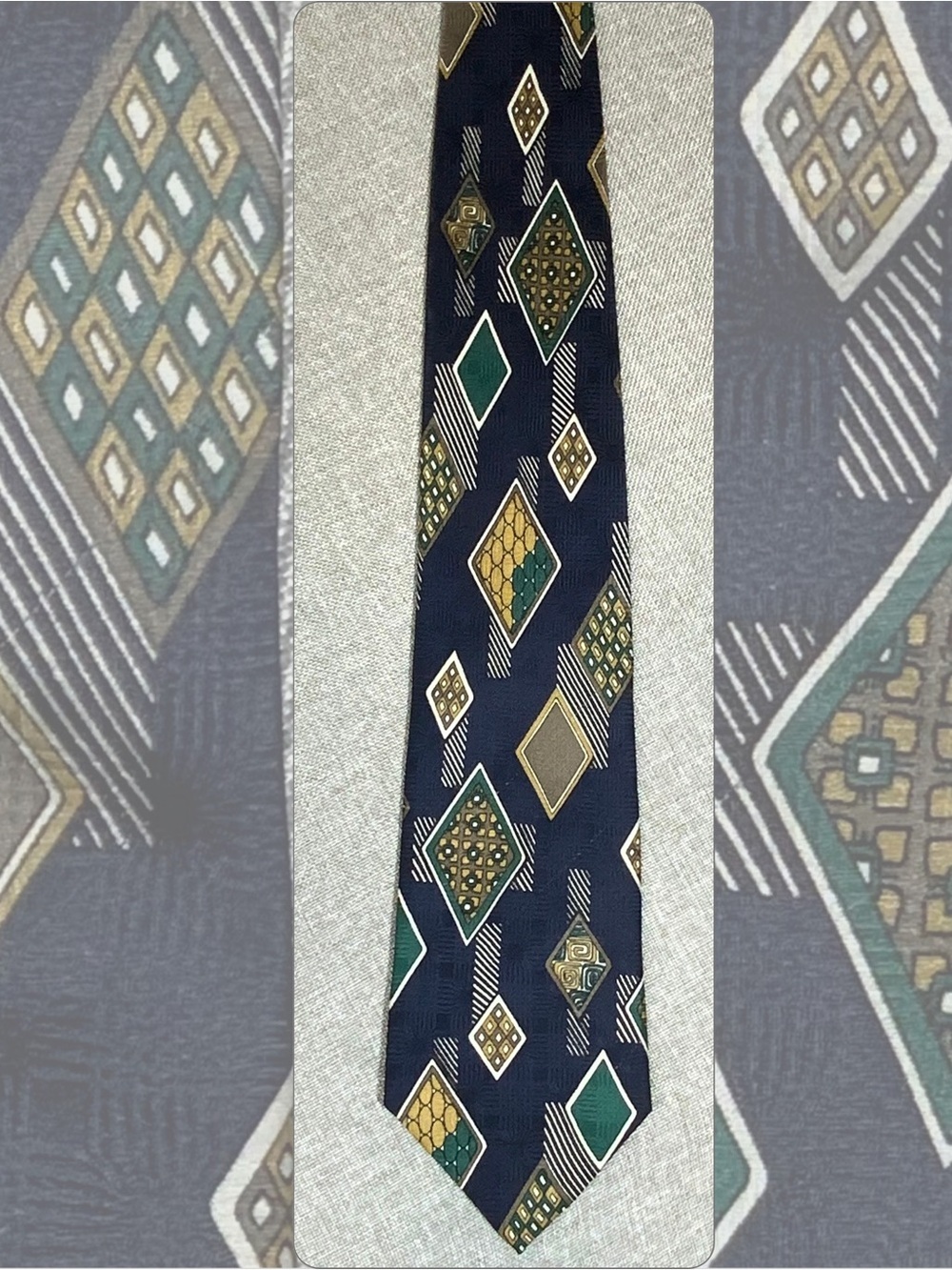 90s Silk Necktie Geometric Diamond Navy Green Gold